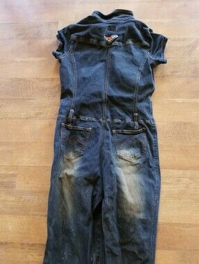 Rare Dark Wash Denim Jumpsuit Romper with Patch Detail. Long Legs. Vintage. M